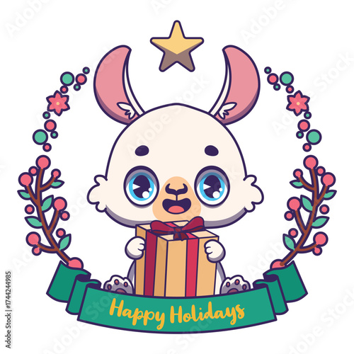 Cute cartoon llama holding a Christmas present