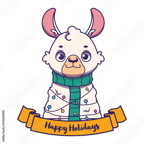 Cute festive llama with a banner depicting Christmas text