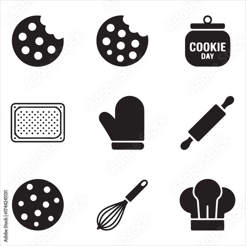 cookie day vector art icon pack silhuoette icon set bandle banner 9 sampol disign black and white backgrount icons