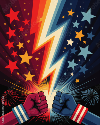 Patriotic Red vs Blue Fists Clash with Lightning, Vibrant Stars and Fireworks, Symbolizing Competition and Conflict Illustration