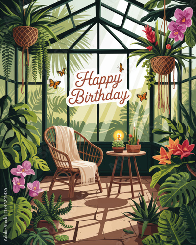 Happy Birthday Card with Lush Greenhouse Interior, Tropical Plants, Rattan Chair and Table, Cozy Botanical Celebration