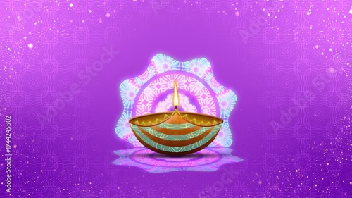 Diya oil lamp against purple gradient background with moving particles. Concept of celebrating festival of lights in india.