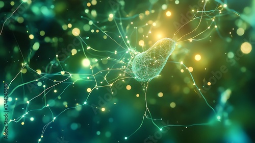 Abstract glowing network of interconnected neural pathways and light particles