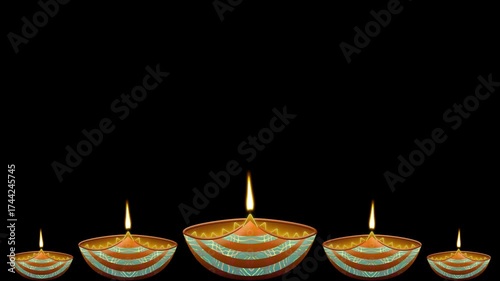 Five burning Diwali oil lamps on black background. Animation for diwali festival decoration.