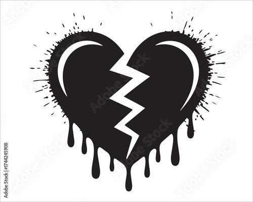 Stylized black broken heart silhouette dripping with paint, emotional love heartbreak vector illustration isolated on white background, perfect for tattoo, design, or conceptual artwork use
