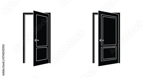 Two black doors stand ajar on a stark white background