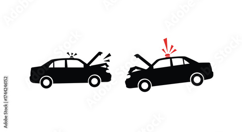 Two black car silhouettes depict a severe automobile accident scene