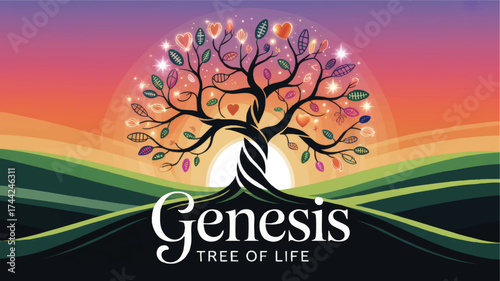 Vibrant Genesis Tree of Life Illustration with Colorful Heart Leaves, Sunset Gradient, and Twisting Black Trunk on Rolling Hills