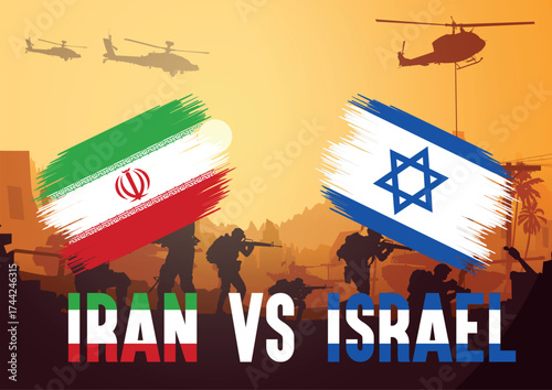 Iran VS Israel, Iran flag and Israel flag on a War Background, Israel and Iran War concept