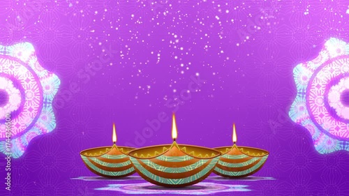 Indian traditional Diwali celebration concept animation in purple gradient colours with falling particles, eye pleasing design and clay lamps. Concept for diwali blessings.