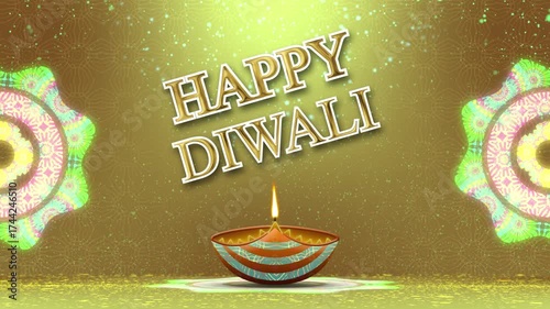 Happy diwali greetings in golden text with bright colours, animated diya and rotating indian classical pattern with particles.