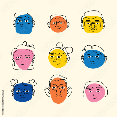 Colorful set of 9 minimal cartoon face avatars — hand-drawn doodle portraits for packaging, UI icons, web and editorial projects