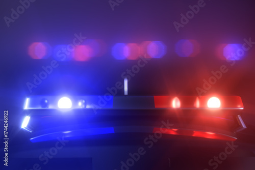 Closeup of a police car siren with flashing red and blue emergency lights in the dark night. Focus on light reflection, bokeh and lens glow creating tense law enforcement atmosphere