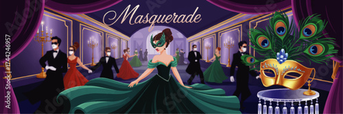 Elegant Masquerade Ball Illustration – People Dancing in Lavish Ballroom, Venetian Masks, Peacock Feathers, Vintage Evening Gowns