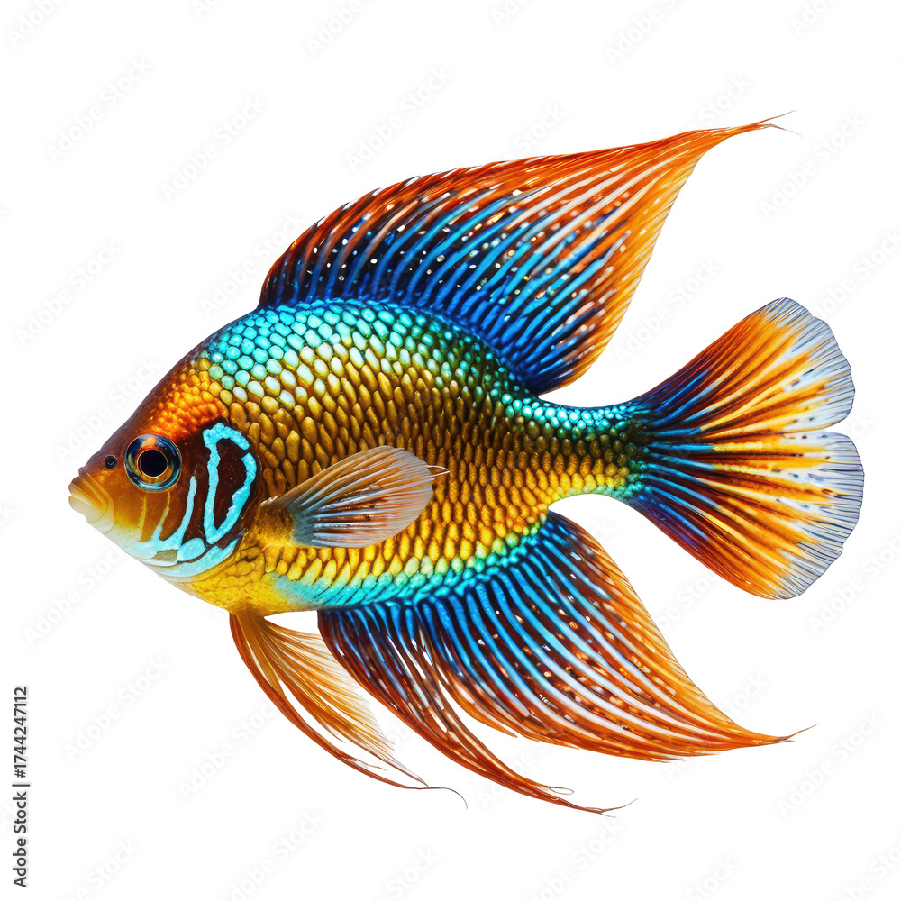 Fototapeta premium Vibrant tropical fish, with iridescent scales & flowing fins, isolated