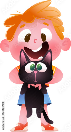 Cute happy and excited little boy holding his cat. Funny small kid hugging a black kitten with big eyes. Vector character illustration of a child pet owner and his domestic animal best friend.