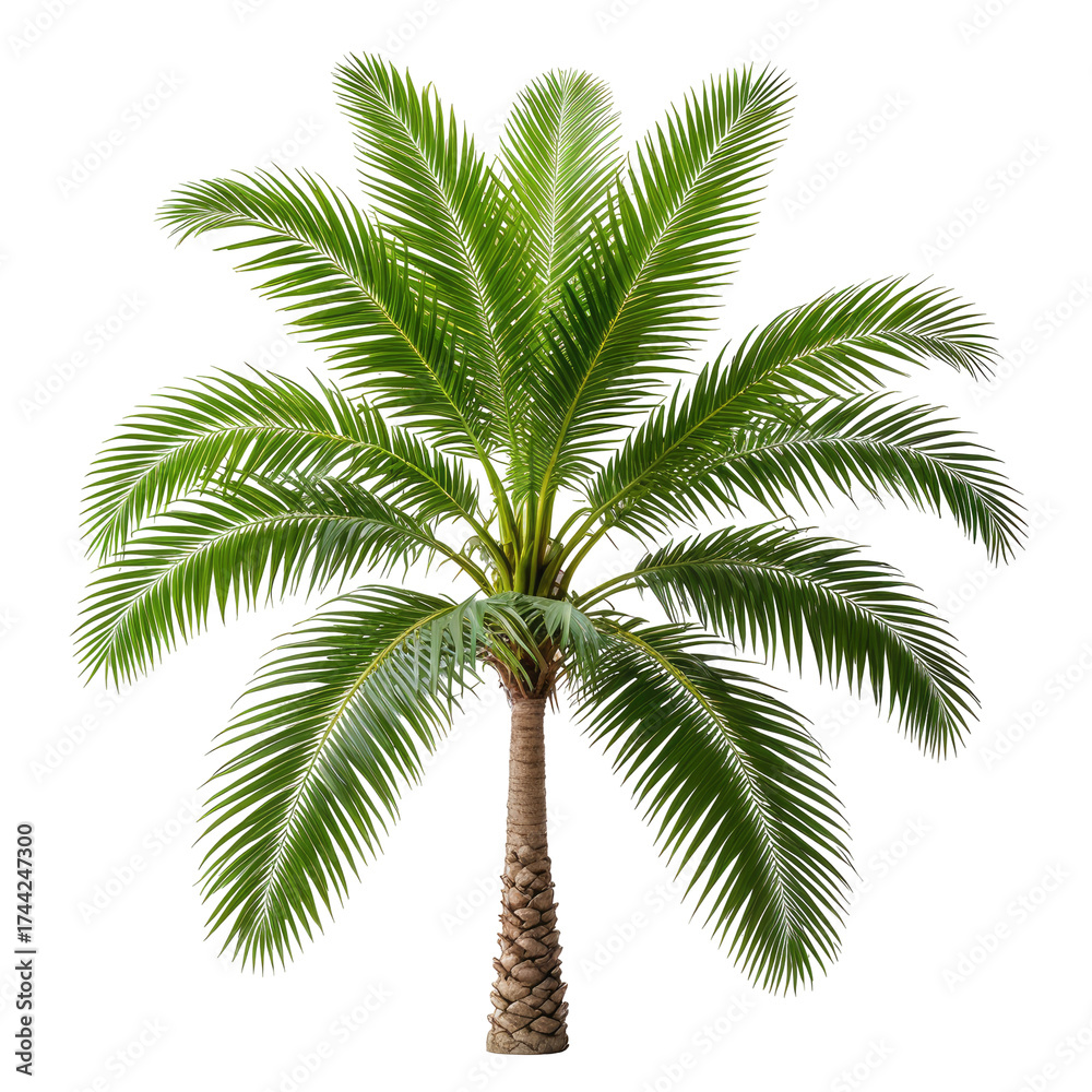 Fototapeta premium Green palm tree isolated on black background. Dense foliage, tall trunk