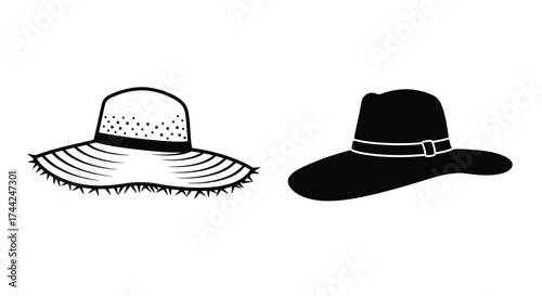 Two distinct hats are shown in a simple black and white illustration