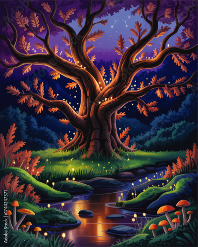Enchanted Magical Forest with Glowing Tree, Fairy Lights, Mushrooms, and Night Sky Stream - Fantasy Nature Illustration