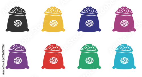 Colorful sacks filled with goods depicted in a simple vector illustration style