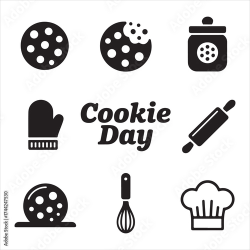 cookie day vector art icon pack silhuoette icon set bandle banner 9 sampol disign black and white backgrount icons