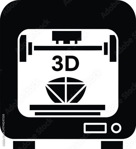 Black silhouette icon of a 3d printer creating a diamond shape on a white background