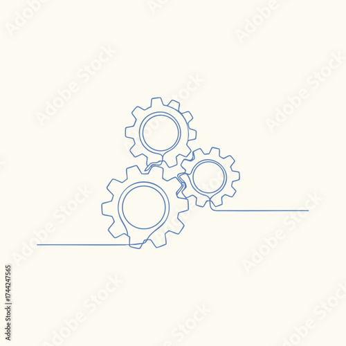Minimalist line art of interconnected gears symbolizing mechanical engineering and industrial processes on a plain