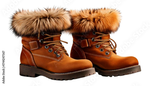 Cozy outdoor winter boots collection leather and suede styles isolated on transparent background PNG