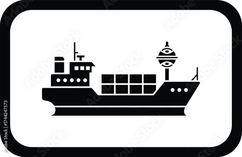 Black silhouette of a cargo ship carrying containers within a rounded square border