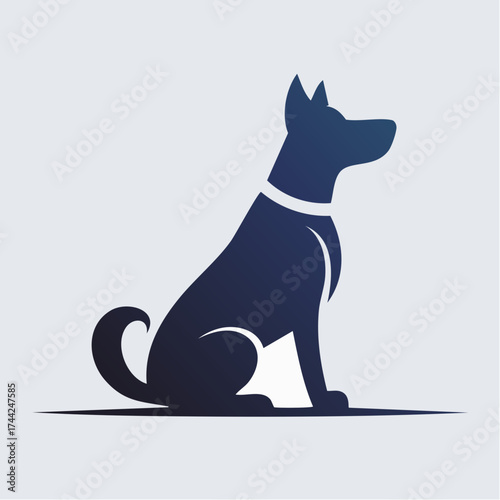 A dark silhouette of a dog sitting in profile with a white collar on a white background.