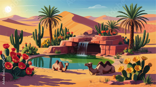 Vibrant Desert Oasis Illustration with Camels, Waterfall, Palm Trees, Colorful Cacti and Flowers under Sunny Blue Sky