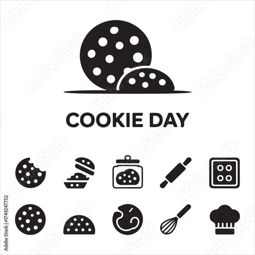 cookie day vector art icon pack silhuoette icon set bandle banner 9 sampol disign black and white backgrount icons