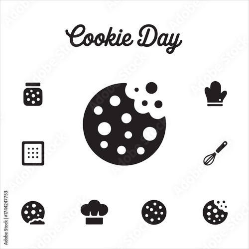 cookie day vector art icon pack silhuoette icon set bandle banner 9 sampol disign black and white backgrount icons