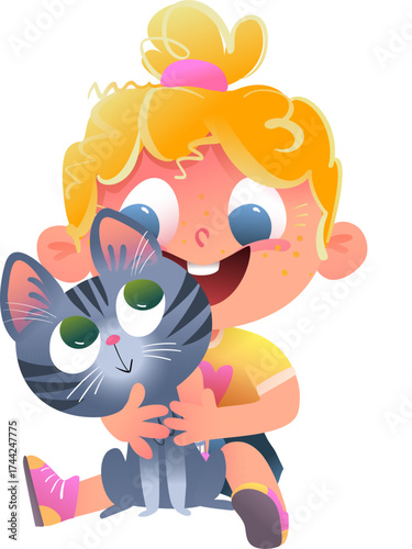 Cute happy and excited little girl holding her cat. Funny small kid hugging a grey kitten with big eyes. Vector character illustration of a child pet owner and her domestic animal best friend.