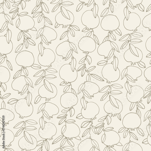 Seamless pattern. Pomegranate tree branches with fruit. Outlined vector illustration on light-colored background for surface design and other design projects Shana Tova