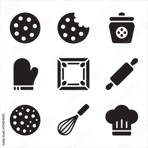 cookie day vector art icon pack silhuoette icon set bandle banner 9 sampol disign black and white backgrount icons