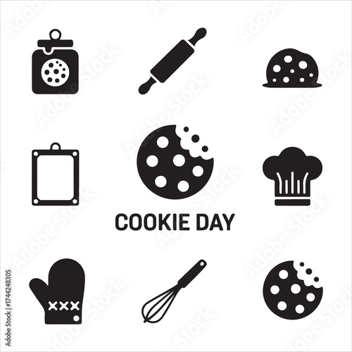 cookie day vector art icon pack silhuoette icon set bandle banner 9 sampol disign black and white backgrount icons