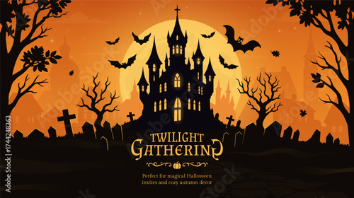 Happy halloween banner or party invitation background with orange fog clouds and pumpkins