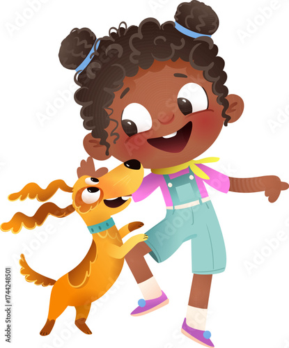 Happy and excited little black girl playing with dog. Cute small African American child having fun with puppy. Vector character illustration of a child pet owner and her domestic animal best friend.