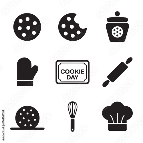 cookie day vector art icon pack silhuoette icon set bandle banner 9 sampol disign black and white backgrount icons