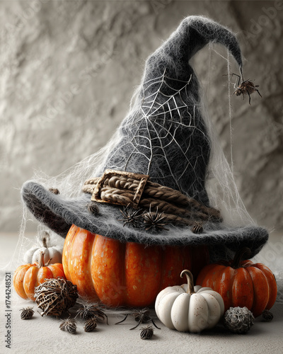Halloween Pumpkin Display: A captivating Halloween scene featuring a whimsical witch's hat, intricately adorned with spiderwebs, majestically perched atop a vibrant display of pumpkins and gourds