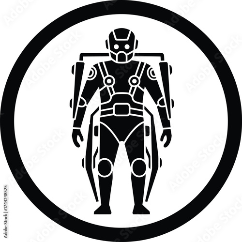 Black silhouette of a futuristic exoskeleton suit worn by a person inside a bold black circle