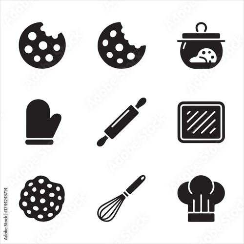 cookie day vector art icon pack silhuoette icon set bandle banner 9 sampol disign black and white backgrount icons