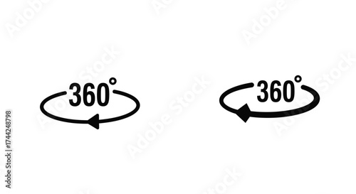 Two black circular arrows displaying three sixty degree symbols on white