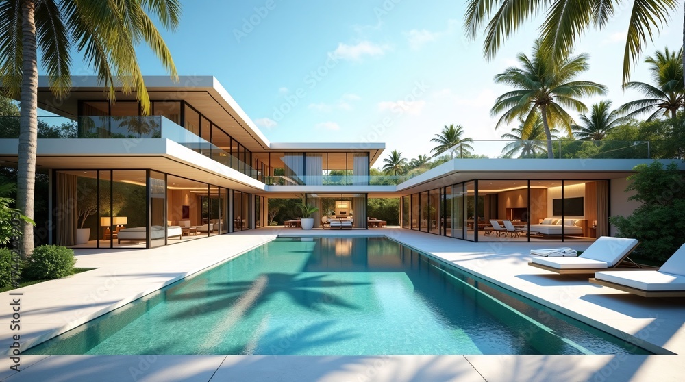 Fototapeta premium A modern tropical villa with a large swimming pool, surrounded by palm trees and glass walled living spaces under a clear blue sky.
