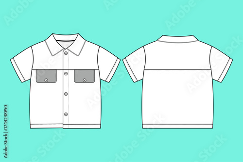 Boys Retro Bowling Style Crop Shirt Technical Flat with Contrast Pockets Fashion Flat Sketch Outline.