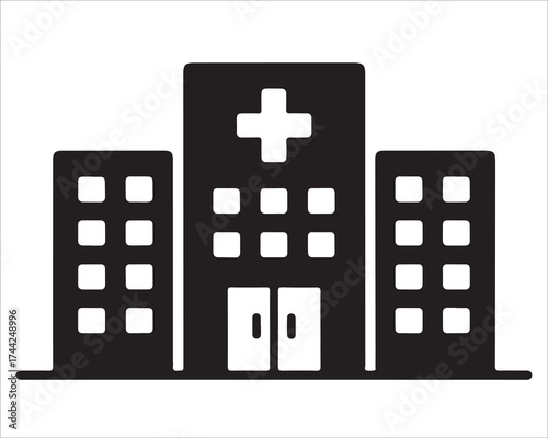 Black hospital building silhouette with cross symbol, minimalist medical center vector illustration isolated on white background, representing healthcare, emergency, and modern architecture