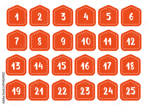 Advent calendar numbers. Christmas countdown icons in orange with white hand-drawn digits from 1 to 25. Vector format, flat style, festive design for holiday DIY projects.