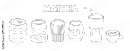 Matcha drinks coloring page. Hand-drawn vector illustration with various matcha beverages in different cups and glasses. Black and white outline for coloring.