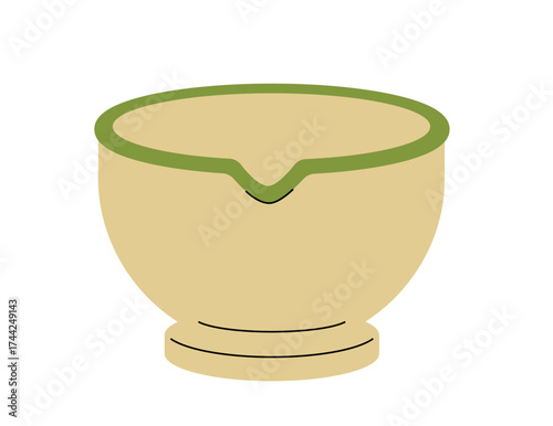 Matcha bowl vector illustration. Flat style Japanese chawan used in traditional tea ceremonies. Minimalist design, beige with green rim, ideal for matcha-related content.